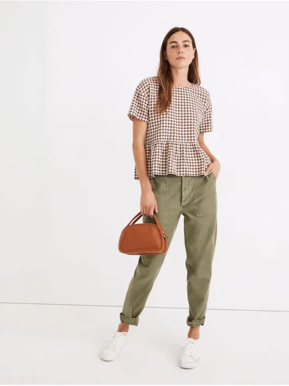 Madewell Brown & Cream Gingham Peplum Top